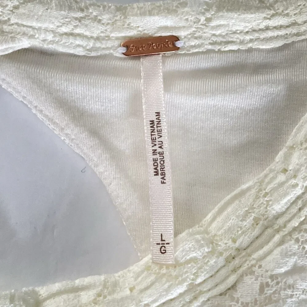 Free People Romantic Boho Shirt Size L Cream Long Puff Sleeve Floral Lace Crop